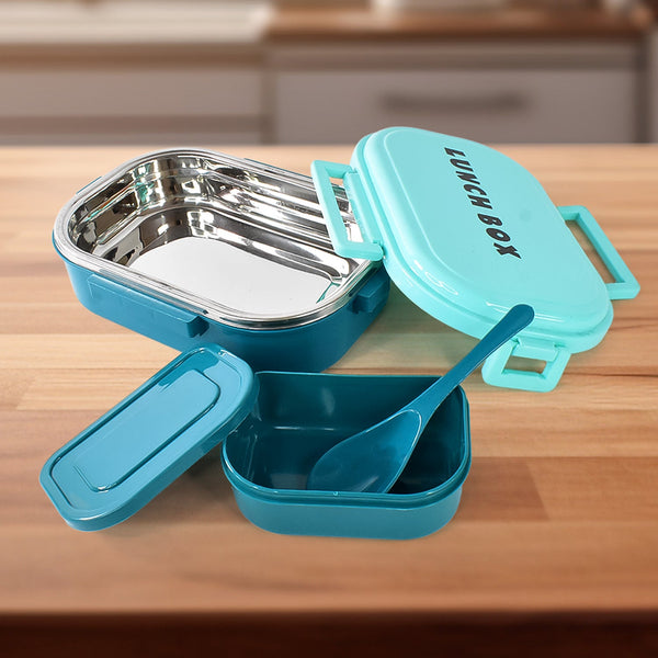 3 in 1 Spicy Bite Stainless Steel Lunch Box With Plastic Small Box & Spoon (1 Set) - justgrabit.in | Just Grab It