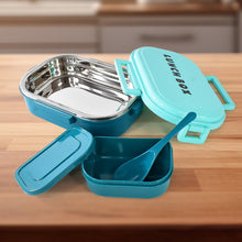 3 in 1 Spicy Bite Stainless Steel Lunch Box With Plastic Small Box & Spoon (1 Set) - justgrabit.in | Just Grab It