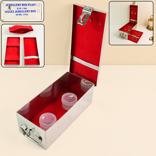 Premium Stainless Steel Velvet Lined Jewellery Storage Box with Lock and Red Interior - justgrabit.in | Just Grab It