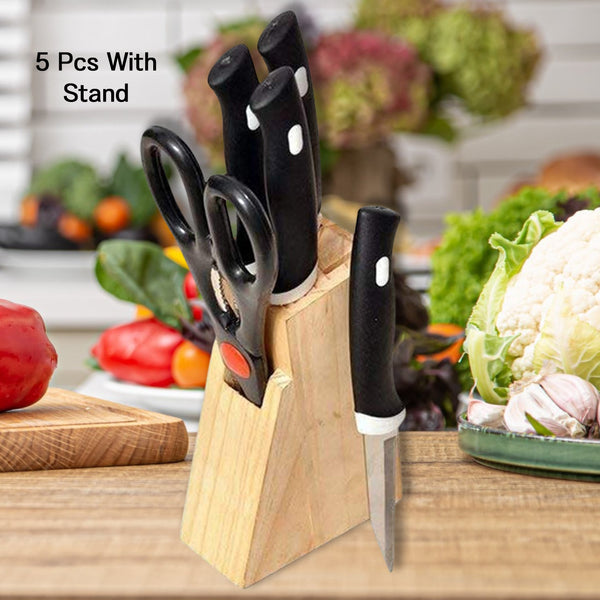 Kitchen Knife Set with Wooden Block and Scissors, Chhari (5 pcs, Black) - justgrabit.in | Just Grab It