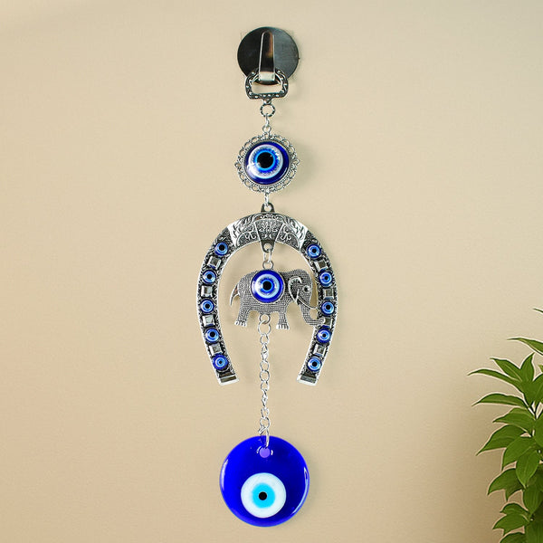 Decorative Evil Eye Hanging with Elephant and Horseshoe Motif, Wind Chime (1 Pc) - justgrabit.in | Just Grab It