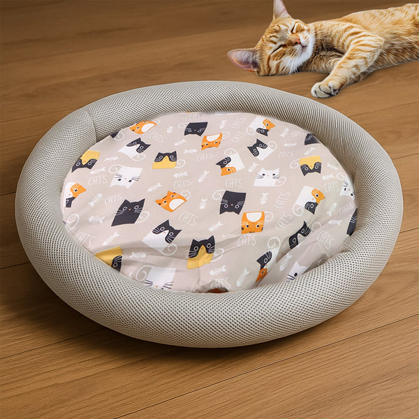 Round Soft Plush Cat Bed with Cartoon Cat Print Cushion 1 Pc - justgrabit.in | Just Grab It