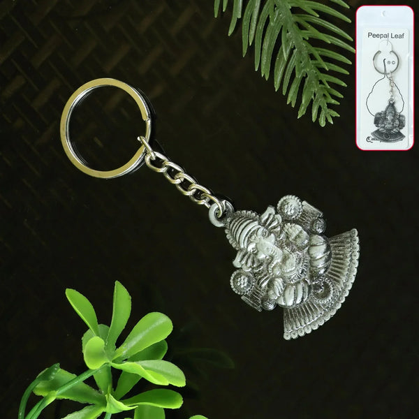 Lord Ganesha Sitting Design Silver Keychain (1 Pc) - justgrabit.in | Just Grab It