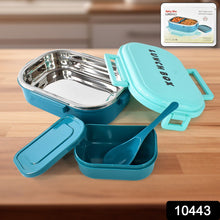 3 in 1 Spicy Bite Stainless Steel Lunch Box With Plastic Small Box & Spoon (1 Set) - justgrabit.in | Just Grab It