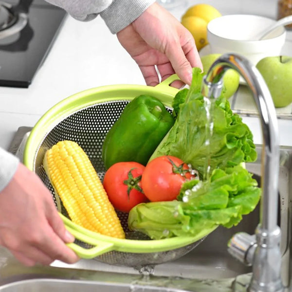 Stainless Steel Colander with Handle - Large Metal Mesh Basket Strainer (1 pc) - Justgrabit Inc.