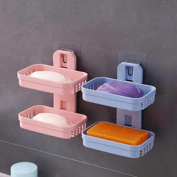 Adhesive Sticker Soap 2 Layer Dish Holder Wall Mounted Bathroom Shower Soap Holder Saver Box Storage Organizer Rack, ABS Plastic (Double Layers / 2 pcs set) - Justgrabit Inc.