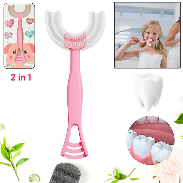 2 In1 U - Shape Silicone Manual Toothbrush & Tongue Scraper Cleaner Brush (1 Pc) - justgrabit.in | Just Grab It
