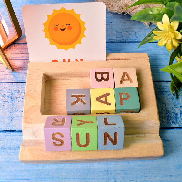 Alphabet Puzzle Spelling & Reading Words (26 Flash Cards & 8 WoodenBlock) - justgrabit.in | Just Grab It