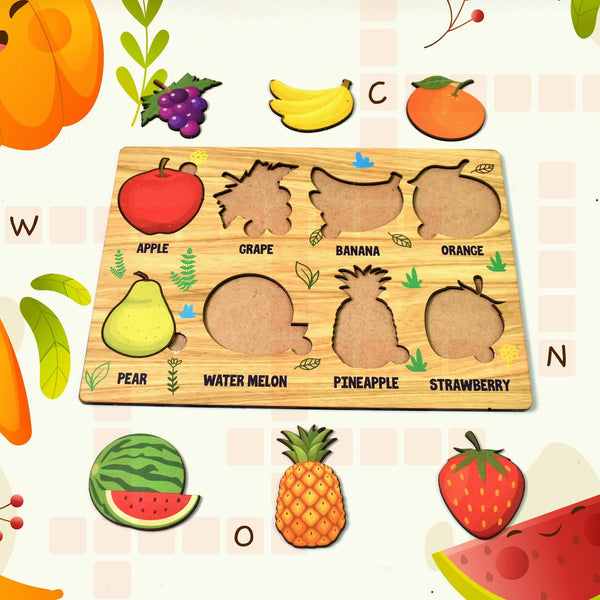 Wooden Fruits Puzzle Learning Educational Board (1 Set / 28×20 Cm) - justgrabit.in | Just Grab It