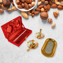 5in1 Gold Silver Plated 2 Bowl 2 Spoon Tray Set Brass with Red Velvet Gift Box Serving Dry Fruits Desserts Gift - Justgrabit Inc.