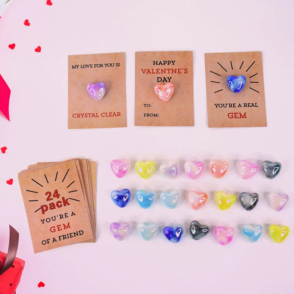 Heart - Shaped Crystal Gem Valentines with Gift Cards (24 Pc) - Justgrabit Inc.