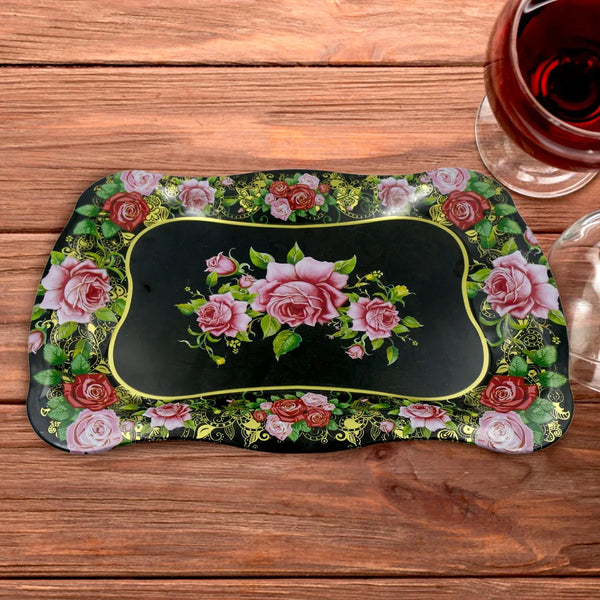 Stainless Steel Serving Tray With Flower Printed Rectangle Premium Dining Table Plate (18 x 8.5 Inch / 1 Pc) - Justgrabit Inc.