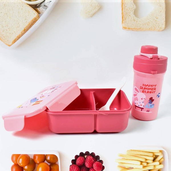 Plastic Lunch Box Leak Proof 2 Compartment with Bottle and Fork (1 Set / Mix Color) - Justgrabit Inc.