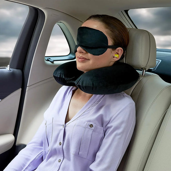 8512 3 in 1 Comfortable Travel Sleeping Kit, Neck Pillow, Eye Mask & Ear Plug Set Inflatable Plane Sleeping Pillow Head Neck Support Pillows for Travel Airplane Office, Black - Justgrabit Inc.