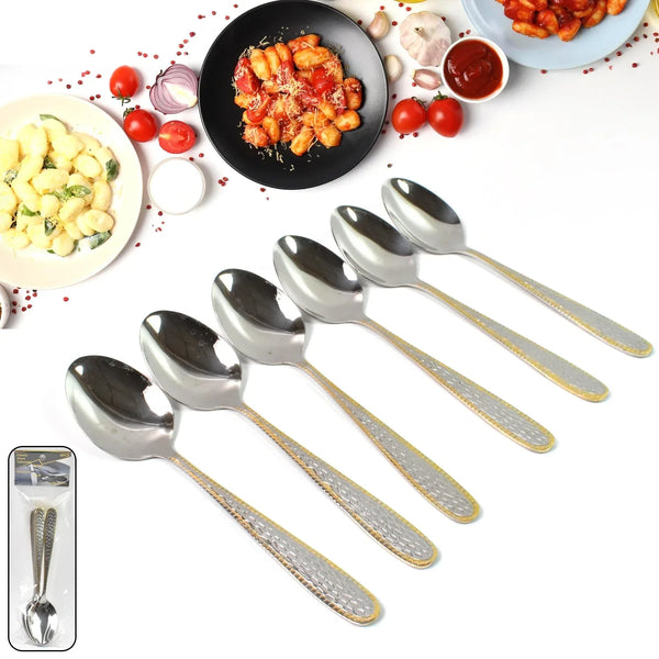 Stainless Steel Gold Bordered Textured Spoons Gold Plated Handle Set of 6 Pc - justgrabit.in | Just Grab It