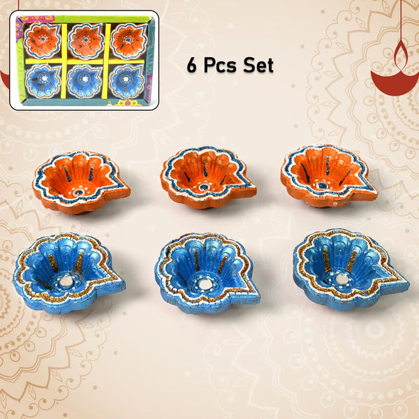 Decorative Hand Painted Clay Puja Diya for Diwali Home Indoor Outdoor Handmade Diya (6 Pcs Set/ Mix Design) - justgrabit.in | Just Grab It
