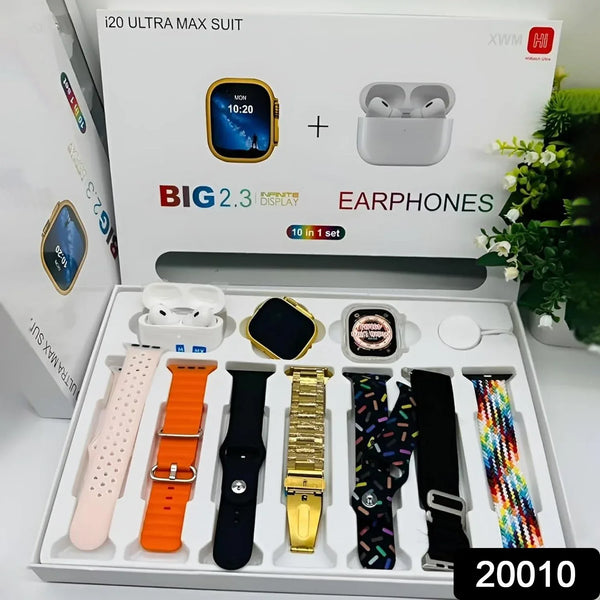 10 in 1 Set Ultra 2 Smart Bluetooth Calling Smart watch + Earphones with Transparent Screen Guard Watch with Seven Classic Straps (Mix Color) - justgrabit.in | Just Grab It