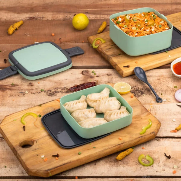 GREEN DOUBLE - LAYER PORTABLE LUNCH BOX STACKABLE WITH CARRYING HANDLE AND SPOON LUNCH BOX , Bento Lunch Box - Justgrabit Inc.