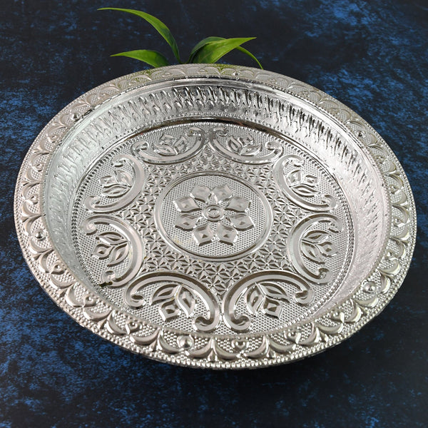 Traditional Silver Finish Plastic Pooja Thali (1 Pc) - justgrabit.in | Just Grab It