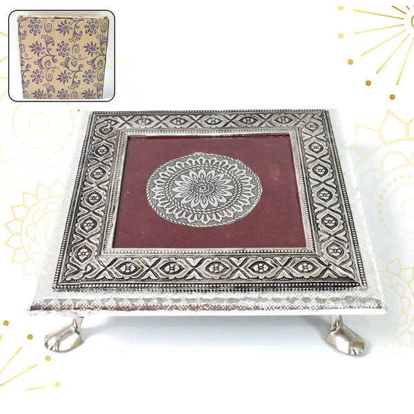 Silver - Square Pooja Chowki Patla / Bajot (20×20 CM / 1 Pc) - justgrabit.in | Just Grab It