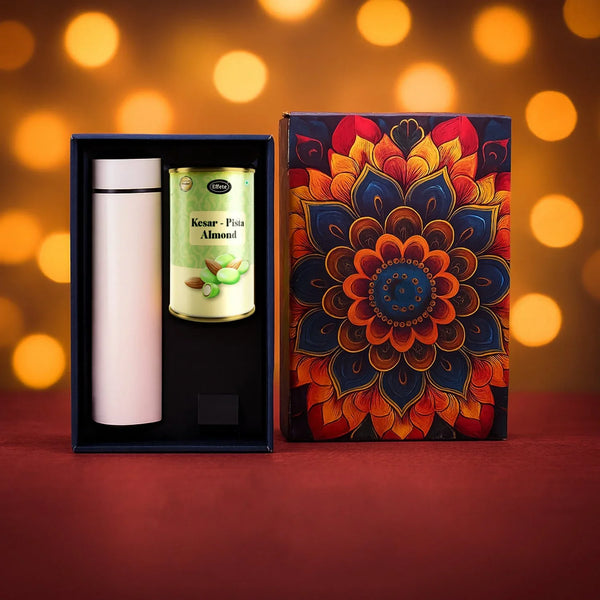 Effete Kesar Pista Almonds Gift Hamper, Golden With Bottle (2 Pc Set), Mix Color - justgrabit.in | Just Grab It