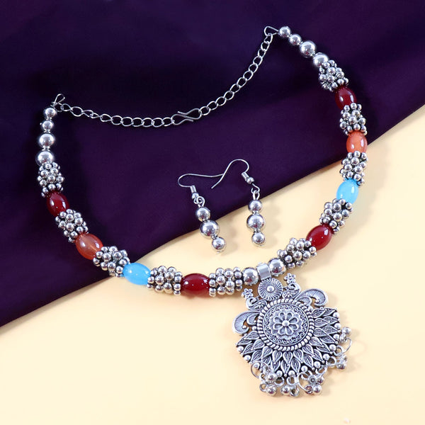 Oxidised Silver Traditional Beaded Necklace Set - justgrabit.in | Just Grab It
