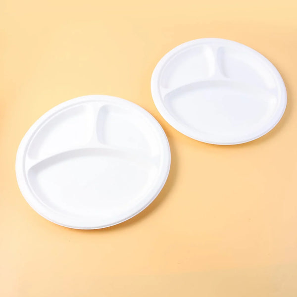Freshee 10 Inch 3 - Compartment Round Compostable Bagasse Plate (10 Pc) - justgrabit.in | Just Grab It