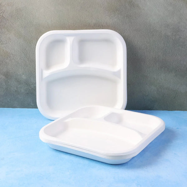 Compostable Bagasse 3 - Compartment Square Meal Plate - justgrabit.in | Just Grab It