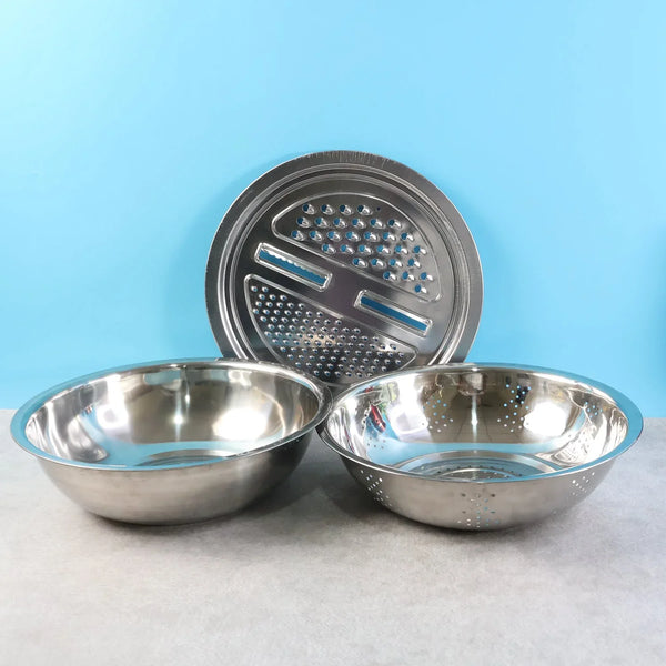 3 - in - 1 Stainless Steel Mixing, Straining & Grater Bowl Set - justgrabit.in | Just Grab It
