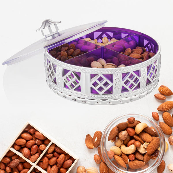 Multipurpose Dry Fruit Box 4 Section Dry Fruit Round Silver Gift Box (1 Pc) - justgrabit.in | Just Grab It