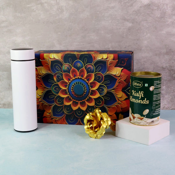Effete Kulfi Almonds Gift Hamper, Golden Rose With Bottle (3 Pc Set), Mix Color - justgrabit.in | Just Grab It