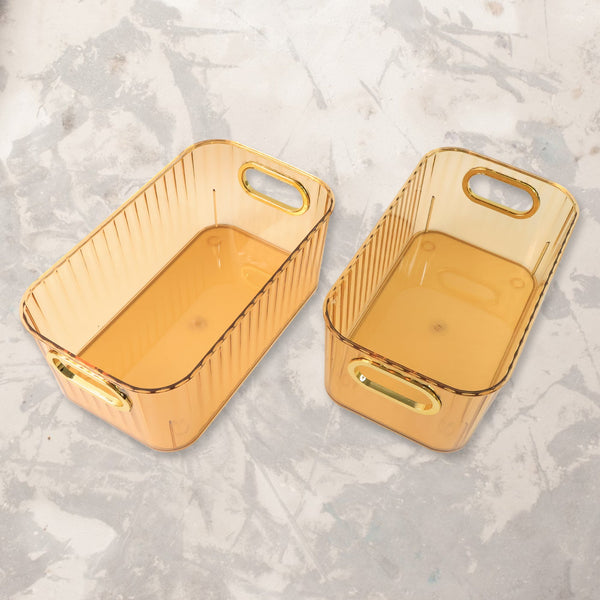 Premium Ribbed Transparent Storage Basket with Gold Handle 25×14 cm 2 Pc - justgrabit.in | Just Grab It