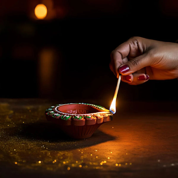 Decorative Hand Painted Clay Puja Diya for Diwali Home Indoor Outdoor Handmade Diya (6 Pcs Set/ Mix Design) - justgrabit.in | Just Grab It