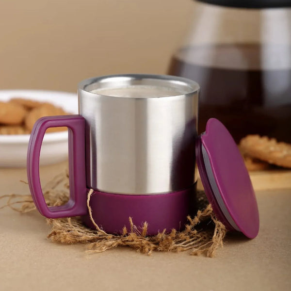 Stainless Steel Coffee/Tea Cup, Stainless Steel Lid Cover Hot Coffee/Tea Mug Hot Insulated Double Wall Stainless Steel, Coffee and Milk Cup with Lid & Handle Easy To Carry - Coffee Cup (1 Pc) - Justgrabit Inc.