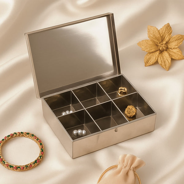 Multipurpose Stainless Steel Jewelry Storage Organizer Box 6 Compartments (1 Pc) - justgrabit.in | Just Grab It