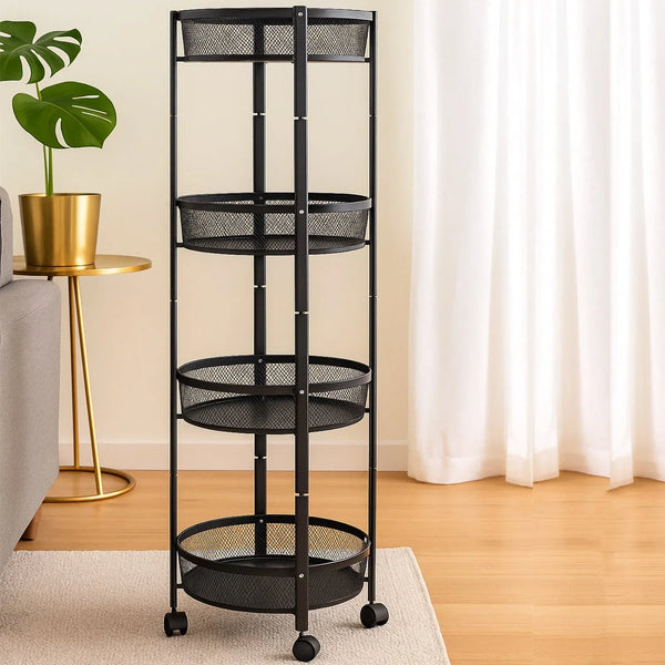 4 - Layer Round Metal Folding Storage Trolley with Mesh Baskets and Wheels – Multi - Purpose Organizer Rack (1 Pc) - Justgrabit Inc.