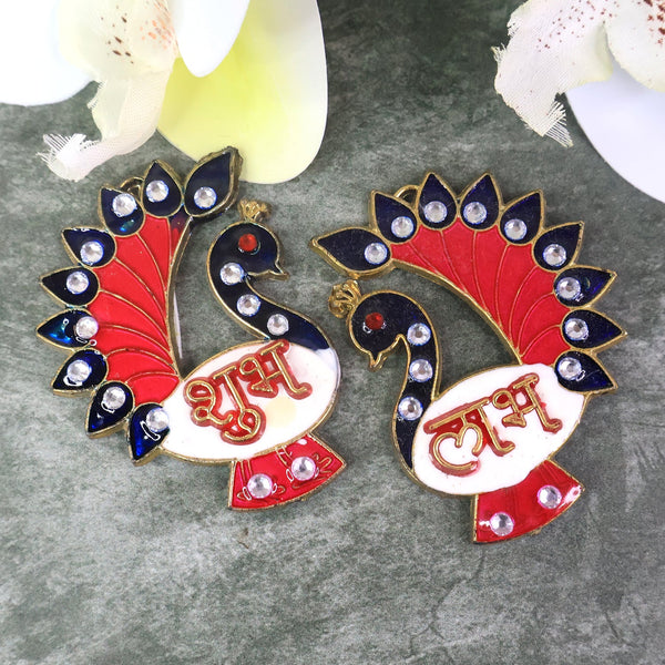 Decorative Peacock Design Shubh Labh Wall Hanging (2 Pc) - justgrabit.in | Just Grab It