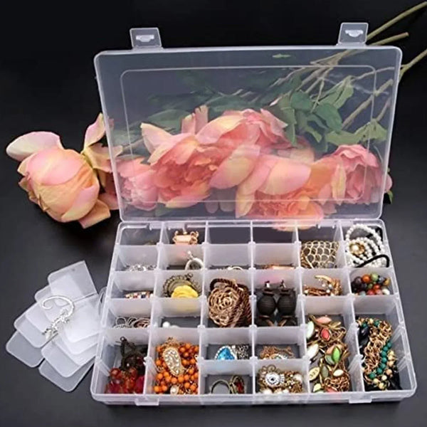 36 Grids Clear Plastic Organizer Jewelry Storage Box with Adjustable Dividers, Transparent Organizer Box (1pc) - justgrabit.in | Just Grab It