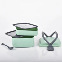 GREEN DOUBLE - LAYER PORTABLE LUNCH BOX STACKABLE WITH CARRYING HANDLE AND SPOON LUNCH BOX , Bento Lunch Box - Justgrabit Inc.
