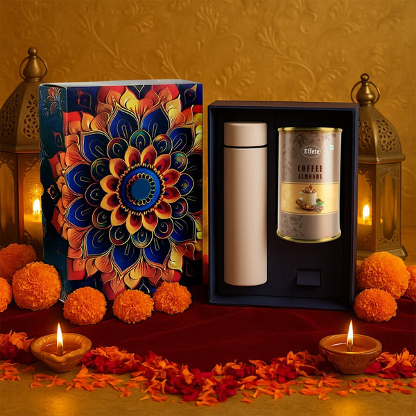 Effete Coffee Almonds Gift Hamper, Golden With Bottle (2 Pc Set), Mix Color - justgrabit.in | Just Grab It