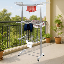 3 - Tier Foldable Stainless Steel Cloth Drying Stand with Wheels - justgrabit.in | Just Grab It