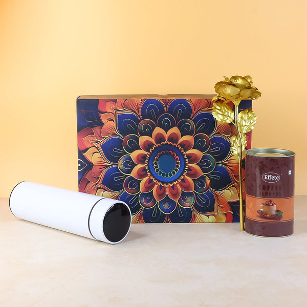 Effete Coffee Almonds Gift Hamper, Golden Rose With Bottle (3 Pc Set), Mix Color - justgrabit.in | Just Grab It