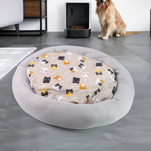 Round Soft Plush Cat Bed with Cartoon Cat Print Cushion 1 Pc - justgrabit.in | Just Grab It