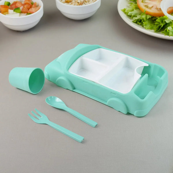 Kid's Car Shaped Plates Cup / Lunch Box Dinnerware Set (4 Pcs Set / 1000 ML Lunch Box) - justgrabit.in | Just Grab It