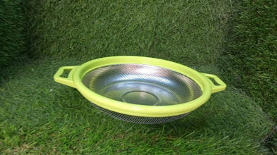 Stainless Steel Colander with Handle, Large Metal Green Strainer for Pasta, Spaghetti, Berry, Veggies, Fruits, Kitchen Food Colander, Dishwasher Safe - justgrabit.in | Just Grab It