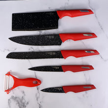 Kitchen Knife Set with Marble - Coated Blades & Red Handles (6 Pc) - justgrabit.in | Just Grab It