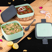 GREEN DOUBLE - LAYER PORTABLE LUNCH BOX STACKABLE WITH CARRYING HANDLE AND SPOON LUNCH BOX , Bento Lunch Box - Justgrabit Inc.