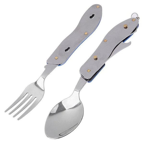 4 - in - 1 Stainless Steel Travel / Camping Folding Multi Swiss Cutlery Set - Justgrabit Inc.