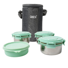 Ganesh 4In1 Tiffin Box - Lunch Box | 3 Stainless Steel Containers 300 Ml Approx & Plastic Salad Container 200 Ml Approx| Plastic lid Box | Round Zip Bag | Leak Proof | Microwave Safe for Office, College and School for Men, Women  - Justgrabit Inc.