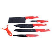 Kitchen Knife Set with Marble - Coated Blades & Red Handles (6 Pc) - justgrabit.in | Just Grab It